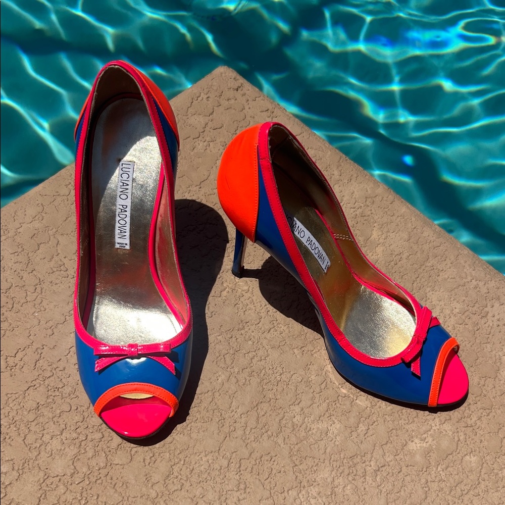 Luciano Padovan Neon Color Block Peep Toe Heels